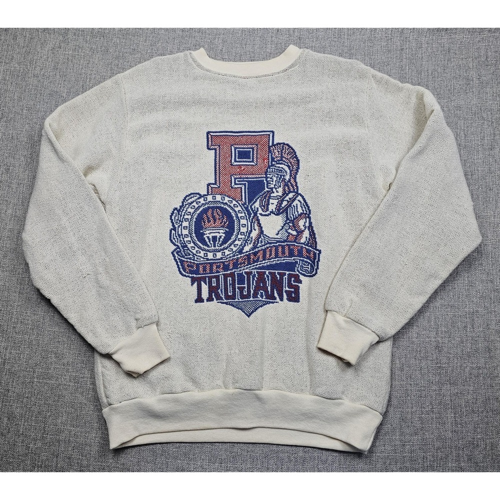 Vintage Portsmouth Trojans Sweatshirt Mens Medium White Knit Riddle & Cockrell
